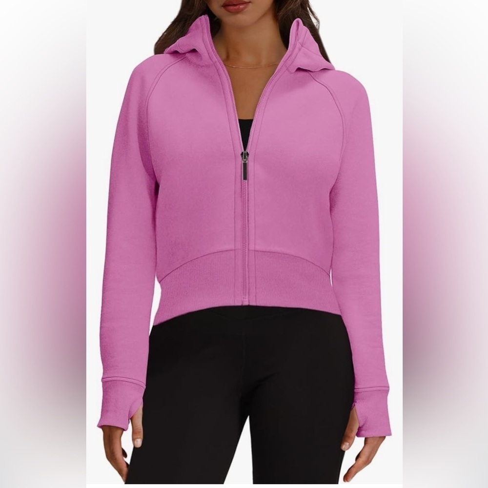 NWT Women’s Bubblegum Pink Cropped Zip Up Hoodie with Thumb Holes Fleece Large